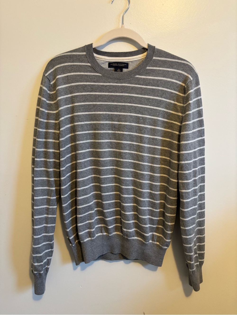 Banana Republic Cashmere Blend Gray and White Striped Crewneck Sweater